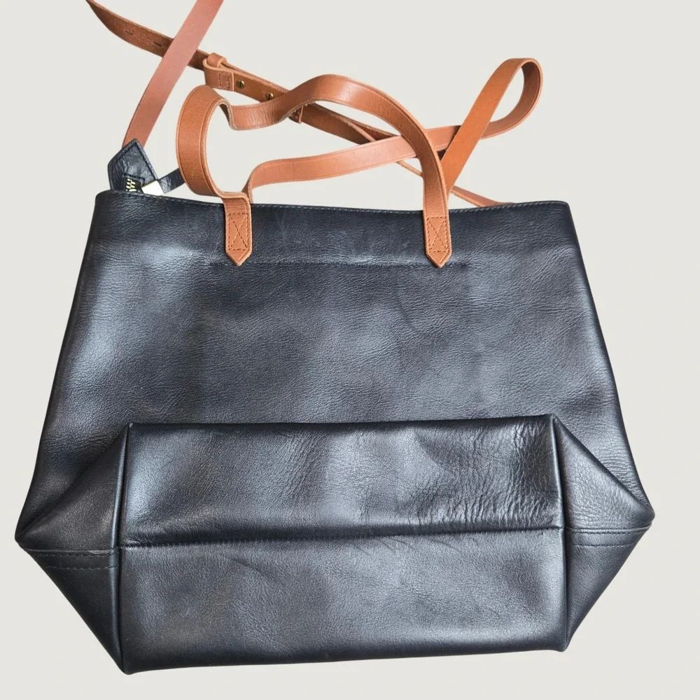 Madewell The Zip-Top Medium Transport Tote Black Leather Gold Monogram LB AE189